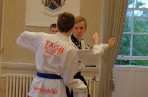 Two males demonstrating a Taekwondo move indoors.