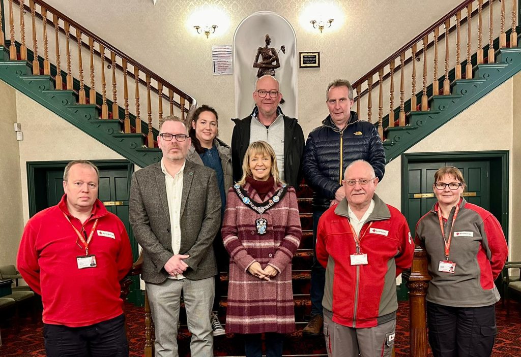 Thanks to Clive Hamilton, Ken Patterson and Jennifer Hamilton who are part of the Emergency Response Team from the British Red Cross pictured with Lord Mayor Alderman Margaret Tinsley, Cllr Kevin Savage (Chair of Committee Economic Development), Cllr Paul Duffy, , Cllr Claire McConville Walker and Cllr Lavelle McIwrath.