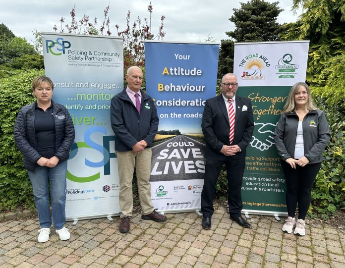 Members of the Armagh Banbridge and Craigavon Road Safety Committee Gwen Bartley, Secretary ABC RS Committee, Clive Bowles, Chairperson ABC RS Committee, David Jackson, Chairman Road Safe NI, Monicia Heaney, Co-Ordinator The Road Ahead Support Group