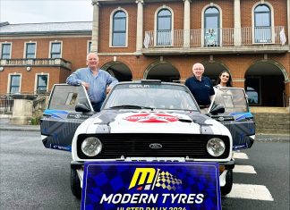 L:R John Devlin, Rally Entrant, David Gray, Chair of Northern Ireland Motor Club & Lord Mayor of Armagh City, Banbridge and Craigavon, Councillor Sarah Duffy