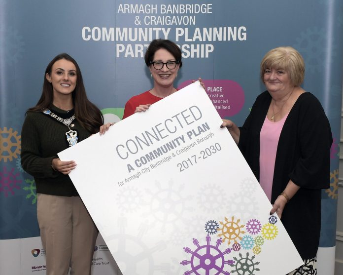 Pictured are Lord Mayor Cllr Sarah Duffy, Colette Rogers, Public Health Agency and Chair of ABC Community Planning Strategic Partnership, and Geraldine Lawless, TADA Rural Support Network and Chair of Community & Voluntary Sector Panel.