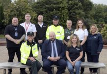 A photo of 10 people from the cast of the Road Safe Roadshow, PCSP and PSNI individuals.