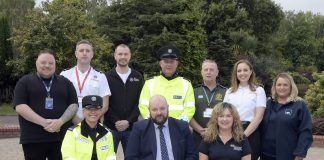 A photo of 10 people from the cast of the Road Safe Roadshow, PCSP and PSNI individuals.