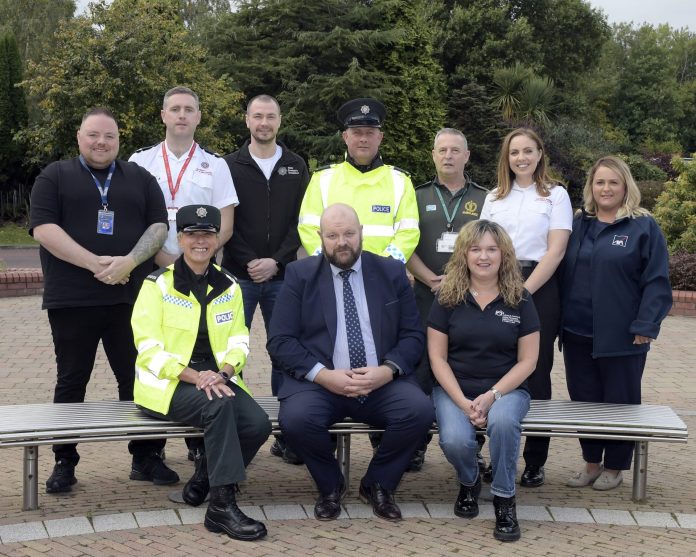 A photo of 10 people from the cast of the Road Safe Roadshow, PCSP and PSNI individuals.