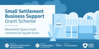 blue graphic saying Small Settlements Business Support Grant Scheme