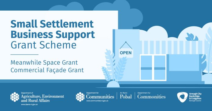 blue graphic saying Small Settlements Business Support Grant Scheme