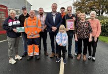 Pictured in the award-winning small village of Charlestown are Niall McShane (ABC Council), Leanne McShane (ABC Council), Deputy Lord Mayor of ABC Borough, Cllr Kyle Savage, Ruari Toman (ABC Council), Padraig Gowdey (ABC Council), with local residents Elsie Parks, Hazel Guiney, Ronnie Turkington, Robert Turkington, Diane Guiney and Amy Guiney.