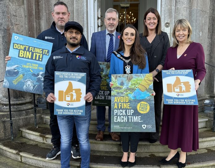 Lord Mayor of ABC Borough, Councillor Sarah Duffy, is pictured with Elizabeth Reaney (Head of Environmental Health ABC Council), Alderman Margaret Tinsley (Chair of Environmental Services Committee), Trevor Clydesdale (Clean Neighbourhoods Team Leader ABC Council), Dilber Thind (National Manager, Environmental Crime Division District Enforcement Limited) and Mark Anthony (National Training Manager, District Enforcement Limited).