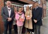 Lord Mayor of ABC Borough, Cllr Sarah Duffy and Deputy Lord Mayor, Cllr Kyle Savage are pictured with Helen and Paul McKeever from McKeever’s Chemists, and Elizabeth Rainey, Head of Environmental Health ABC Council, Eileen Maguire, Home Safety Lead and Heather Spratt, Home Safety Officer. McKeevers Chemists are distributing the council’s Stay Warm, Stay Safe leaflets across their outlets to help prevent accidents in the home.