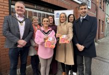 Lord Mayor of ABC Borough, Cllr Sarah Duffy and Deputy Lord Mayor, Cllr Kyle Savage are pictured with Helen and Paul McKeever from McKeever’s Chemists, and Elizabeth Rainey, Head of Environmental Health ABC Council, Eileen Maguire, Home Safety Lead and Heather Spratt, Home Safety Officer. McKeevers Chemists are distributing the council’s Stay Warm, Stay Safe leaflets across their outlets to help prevent accidents in the home.