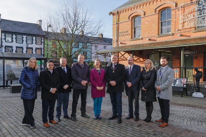 A line of people standing outside Dromore Town Hall