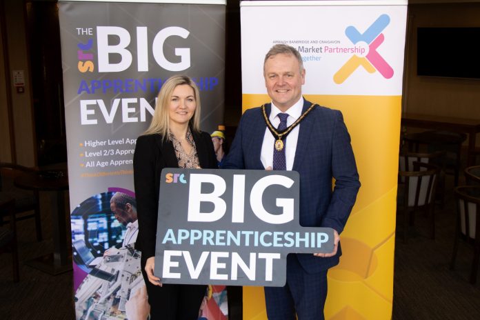 The Lord Mayor Armagh, Banbridge and Craigavon Councillor Kyle Savage and Chief Executive Officer of Southern Regional College, Lee Campbell launch the Big Apprenticeship Event.