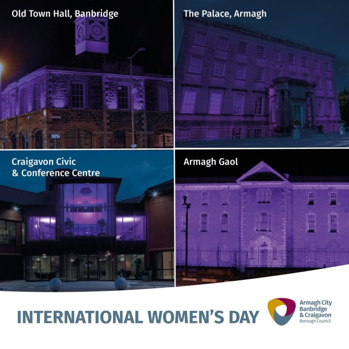 International Women's Day building light up graphic