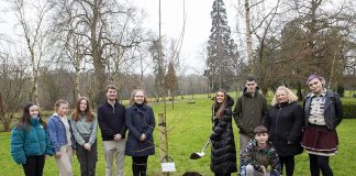 Large group of people outside beside tree