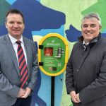 Alderman Glenn Barr and Vice Chair of the Banbridge Chamber of Commerce, Joe Quail pictured with the new Community Defibrillator located on Downshire Plaza, Banbridge.