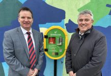 Alderman Glenn Barr and Vice Chair of the Banbridge Chamber of Commerce, Joe Quail pictured with the new Community Defibrillator located on Downshire Plaza, Banbridge.