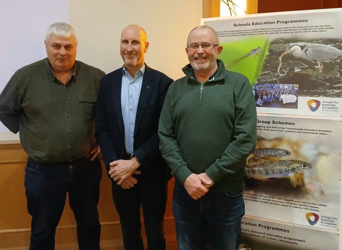 ABC Council’s Conservation officer Andy Griggs is pictured with Tom Woods, ABC Natural Heritage Officer and Aidan Donnelly from Armagh Fisheries.